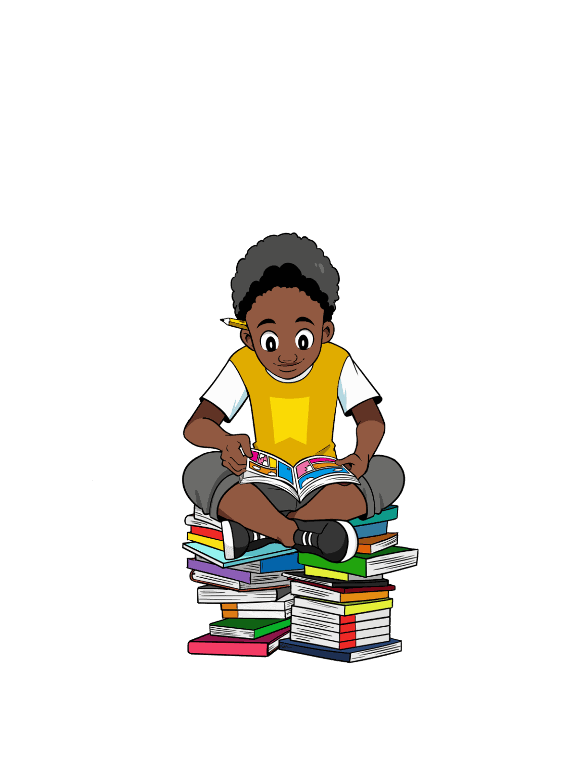 cartoon illustration of boy reading books