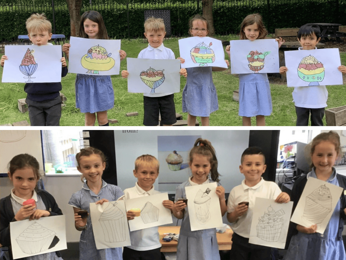 Year 1 and 2 pupils from Gorsey Bank pose with their Art Week creations