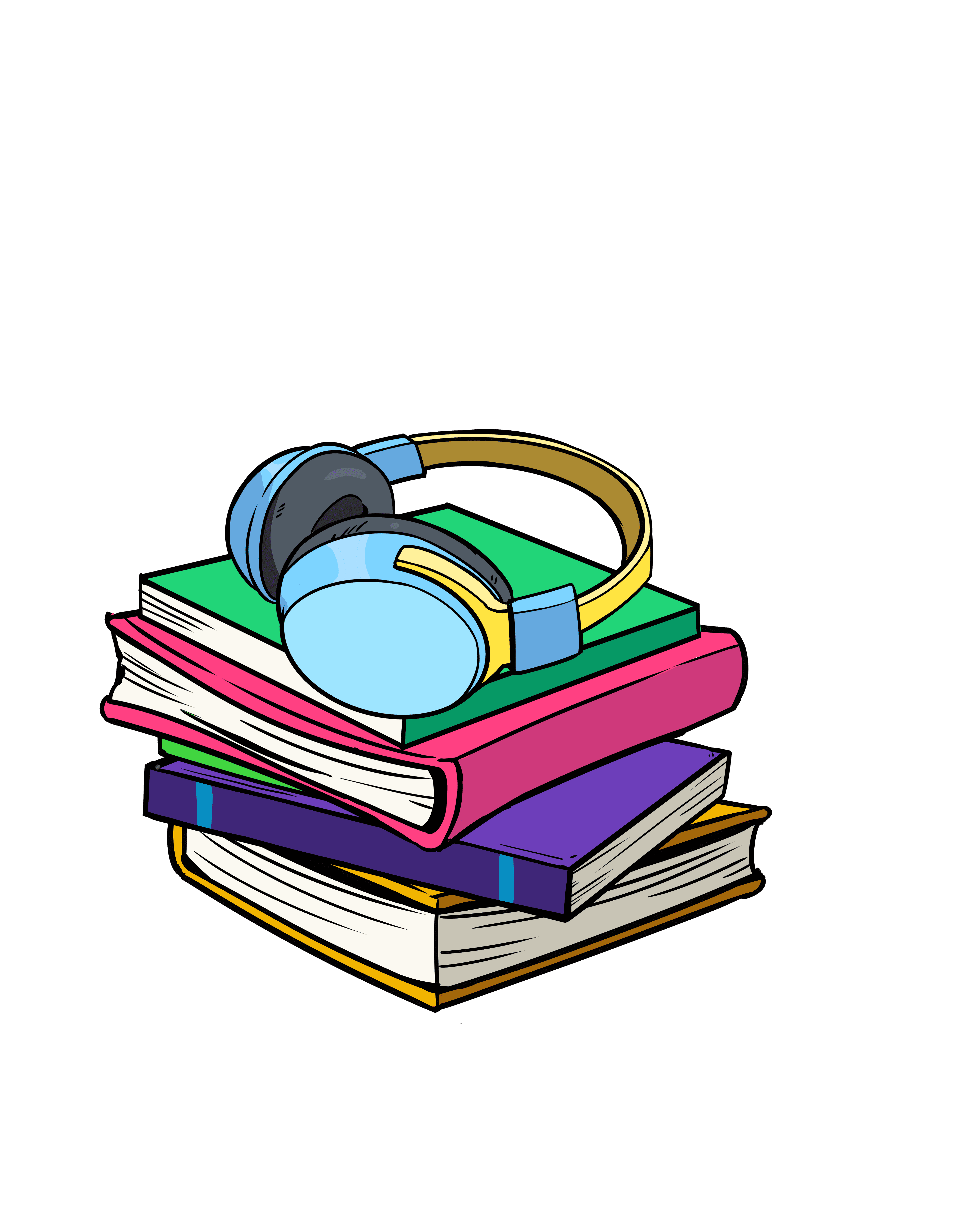 cartoon/illustration of stack of books with headphones on top.