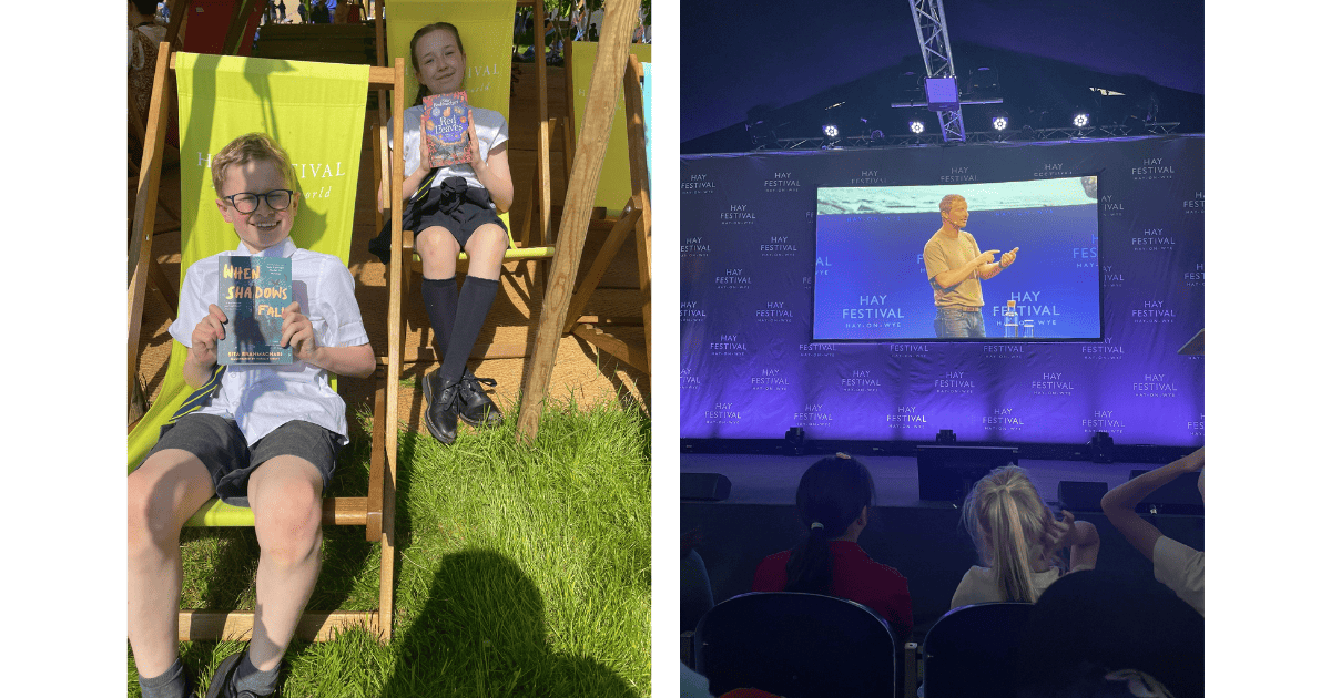 A collage. On the Left, two pupils sit in sun loungers smiling and holding up their new books that they read over lunchtime. On the right, A big audience is gathered in a dark room with blue lighting. A big projector screen shows Bear Grylls in the middle of a talk.