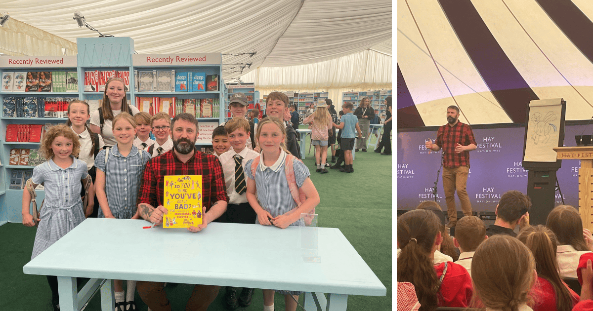 A collage. On the left, Gorsey Bank pupils are gathered around author Chae Strathie who is sat at a table holding up a copy of his book. On the right, Chae is giving his talk to an audience. Next to him is a big piece of paper with a drawing of a monster on it.
