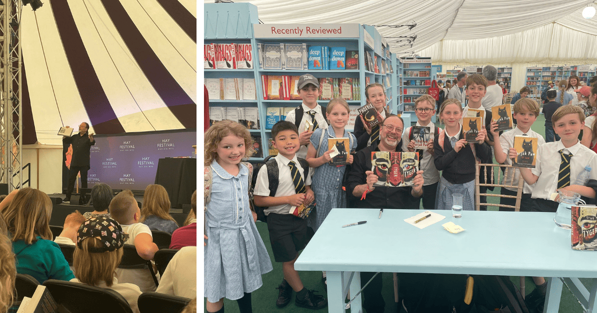 A collage. On the left, SF Said is stood on stage as he talks to a big audience in a busy tent. On the right, Gorsey Bank pupils are gathered around author SF Said who is sat at a table holding up a copy of his book. 
