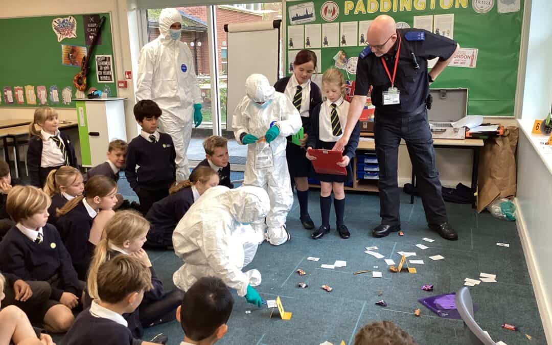 Gorsey Bank pupils taking part in an activity directed by a real-life crime scene investigator
