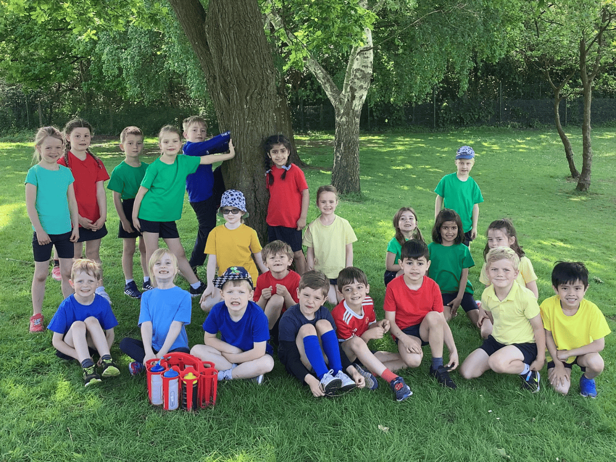 Year 1 Gorsey Bank pupils wear colourful House tshirts and stand in the shade of a tree on Sports Day.