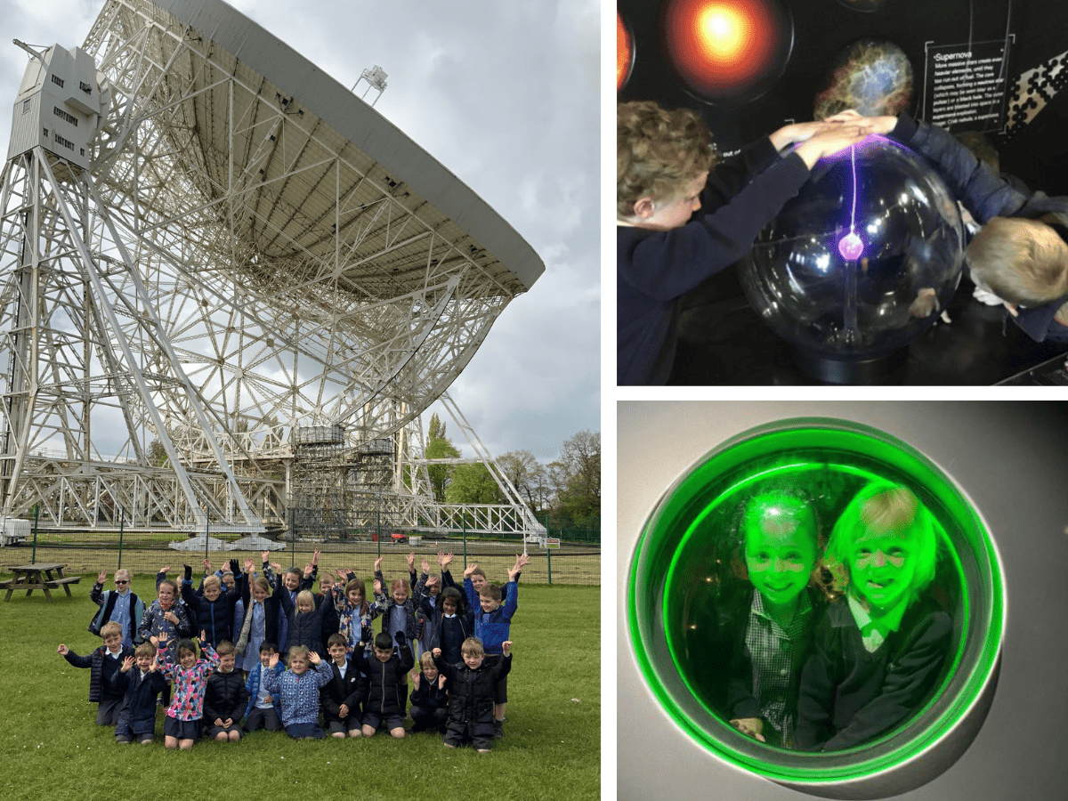 Pupils in Year 1 at Gorsey Bank enjoy a trip to Jodrell Bank. They interact with different exhibits and stand with the lovell telescope