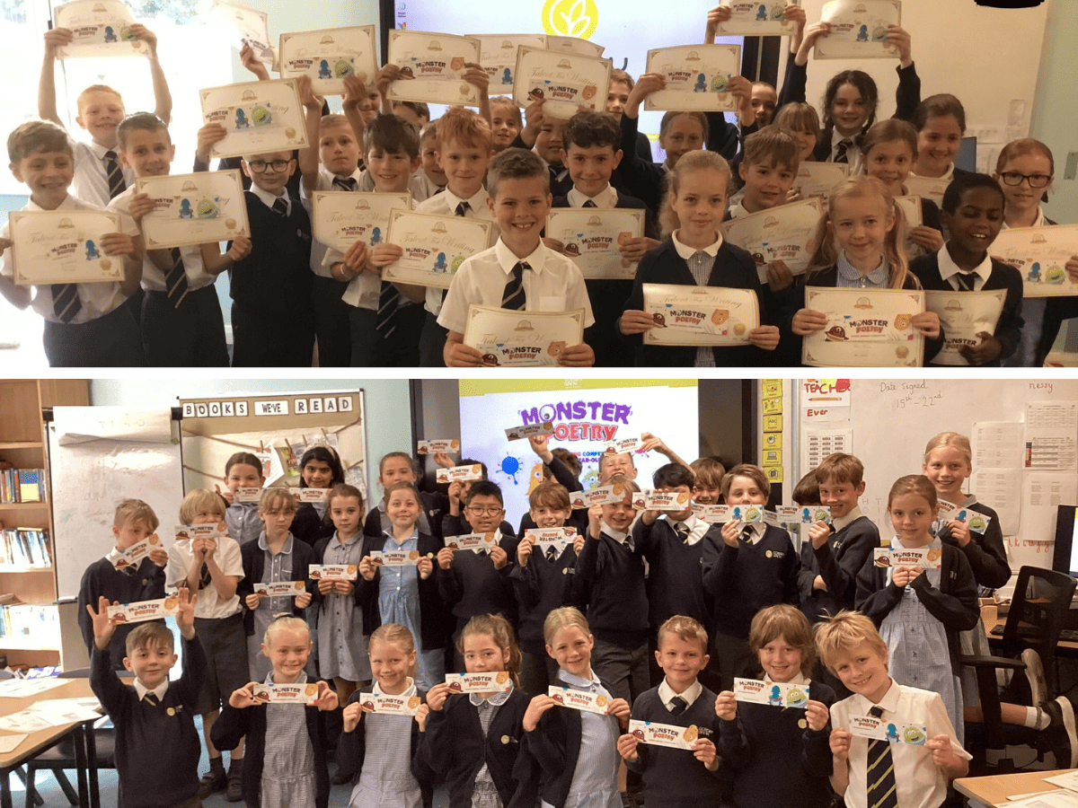 Two classes of Year 4 pupils from Gorsey Bank smile and hold their certificates after winning the Young Writers Poetry competition